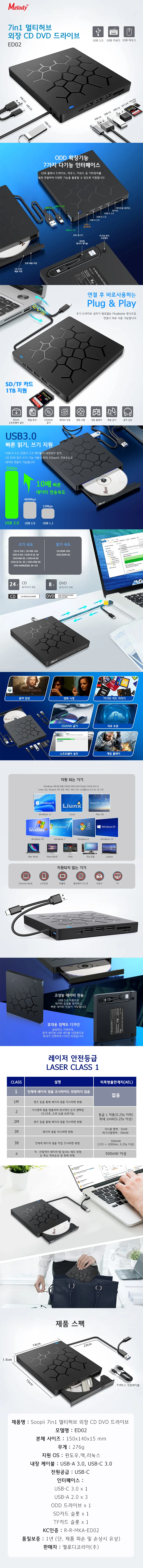 7in1 USB 3.0 A C타입 외장 ODD CD DVD롬 레코더 ED02 상세1