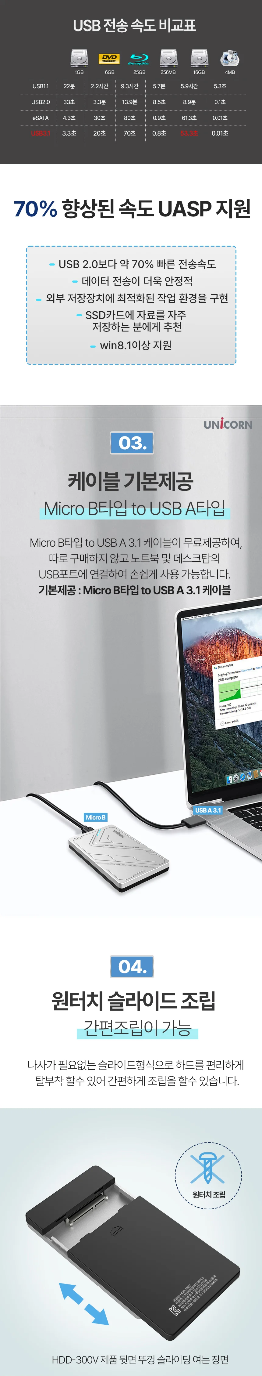 유니콘 USB3.1 케이블포함 2.5인치 외장하드케이스 원터치슬라이드조립 HDD-300V 상세3