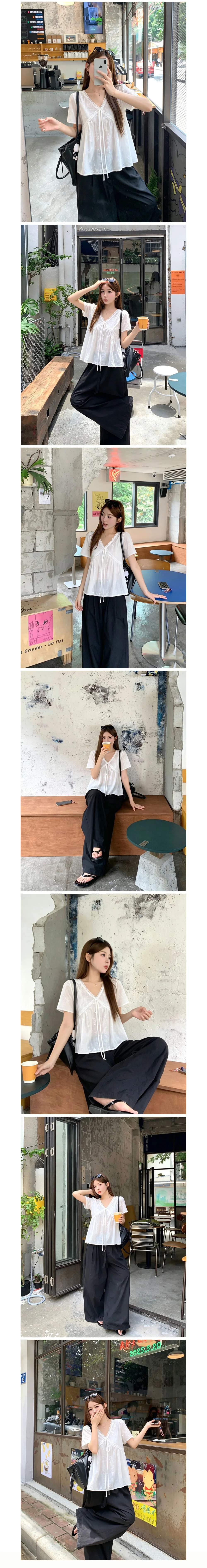 자수 레이스 플레어 여름 반팔 블라우스 브이넥 화이트 상세1