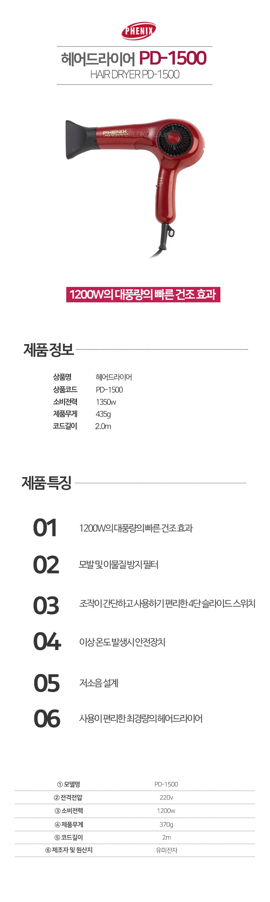 헤어 드라이기 미용실 가정 건조 드라이어 DR 1200W 상세2