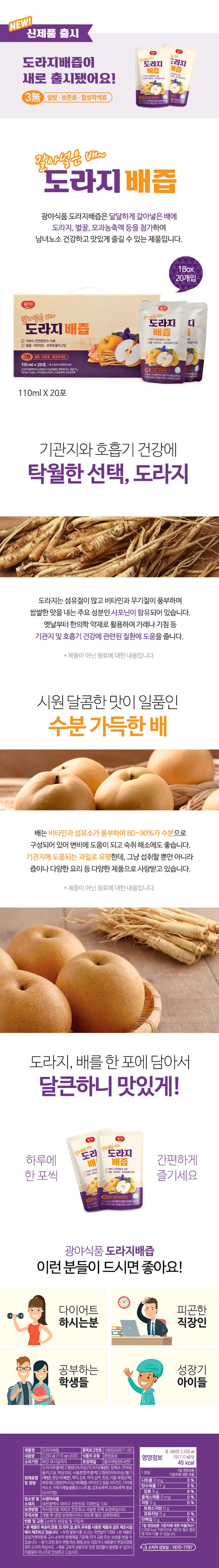 광야식품 갈아넣은배 도라지배즙 (110ml x 20포) 선물세트 상세1