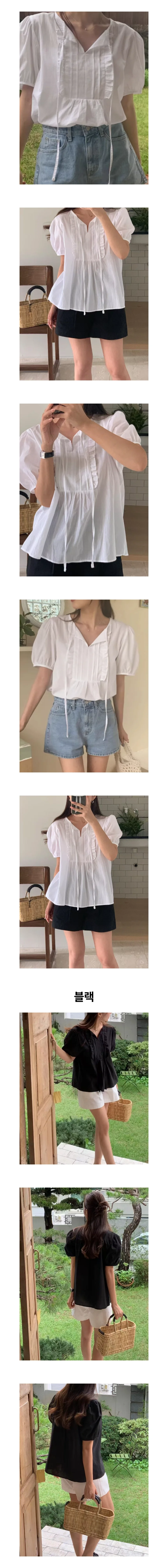 로맨틱 퍼프 리본 반팔 블라우스 페미닌룩 데일리룩 상세2