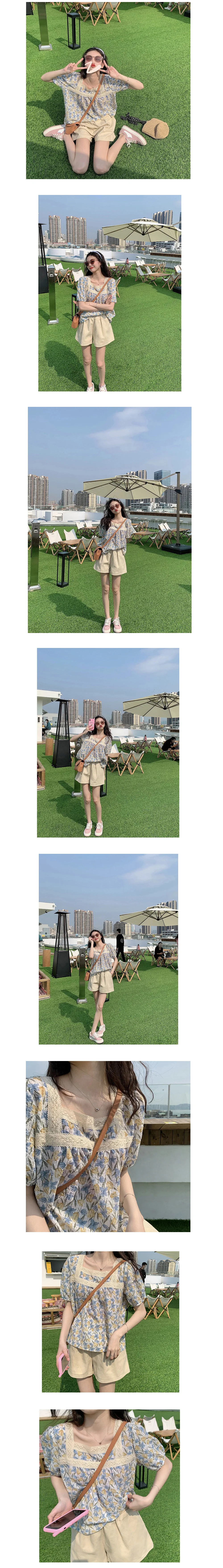 스퀘어넥 여름 플레어 레이스 벌룬 소매 블라우스 티셔츠 반팔티셔츠 상세2