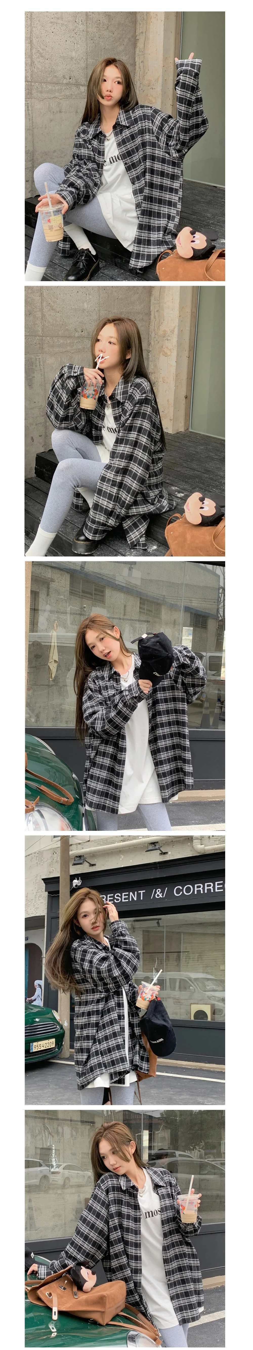 여성 체크 남방 블랙 오버핏 긴팔 셔츠 캐주얼룩 상세1
