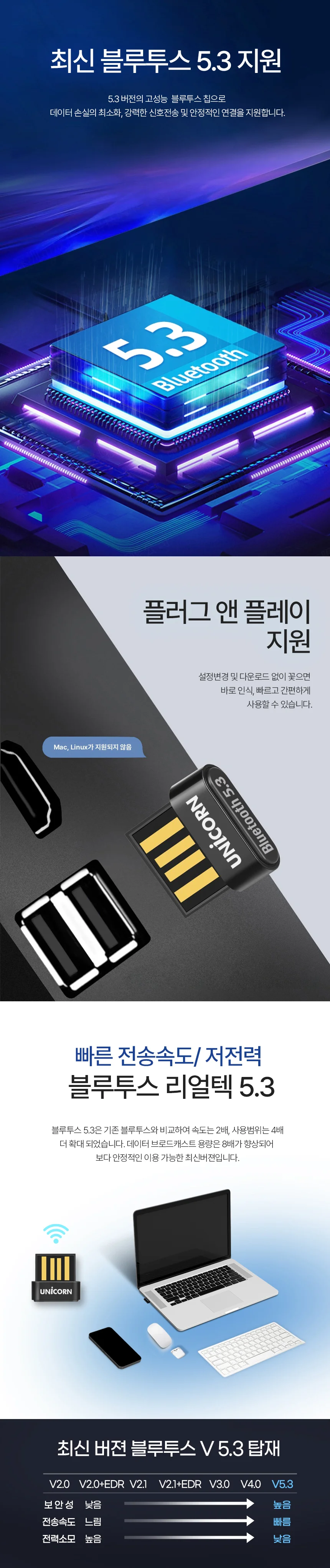 유니콘 블루투스 5.3 동글 데스크탑 블루투스 어댑터 초소형 USB 동글이 XB-530V 상세2