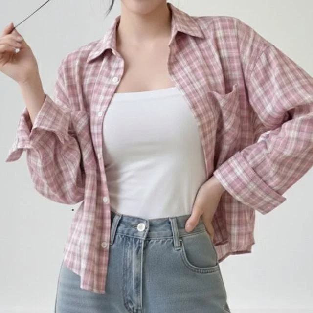 간절기 봄 가을 체크 크롭 셔츠 자켓 남방 여성체크셔츠 크롭남방