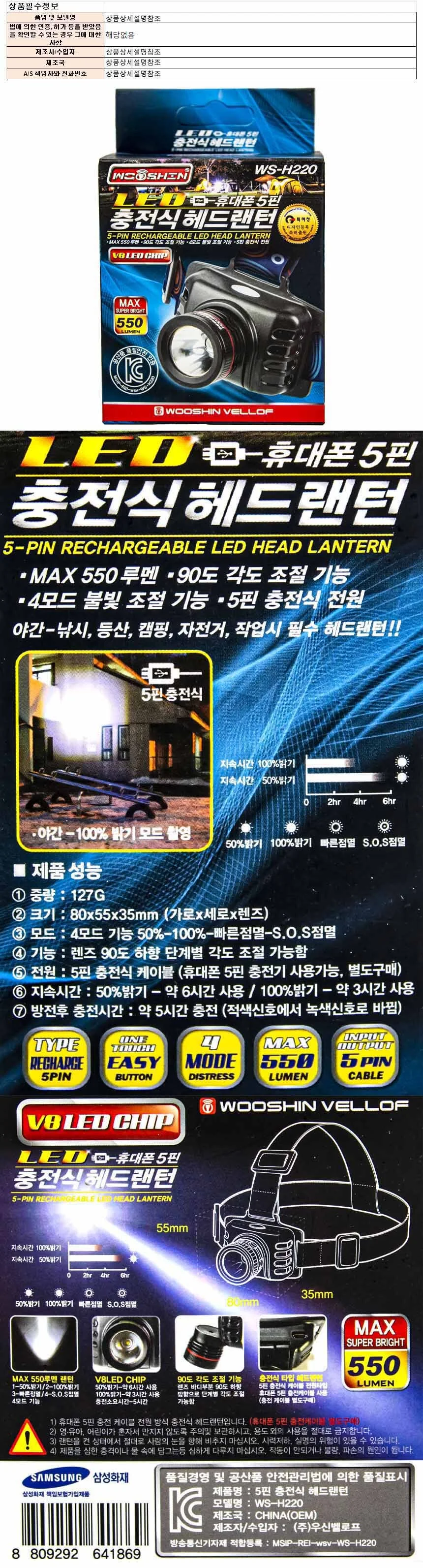 LED헤드랜턴 5핀 충전식 자전거 LED 전조등 상세1