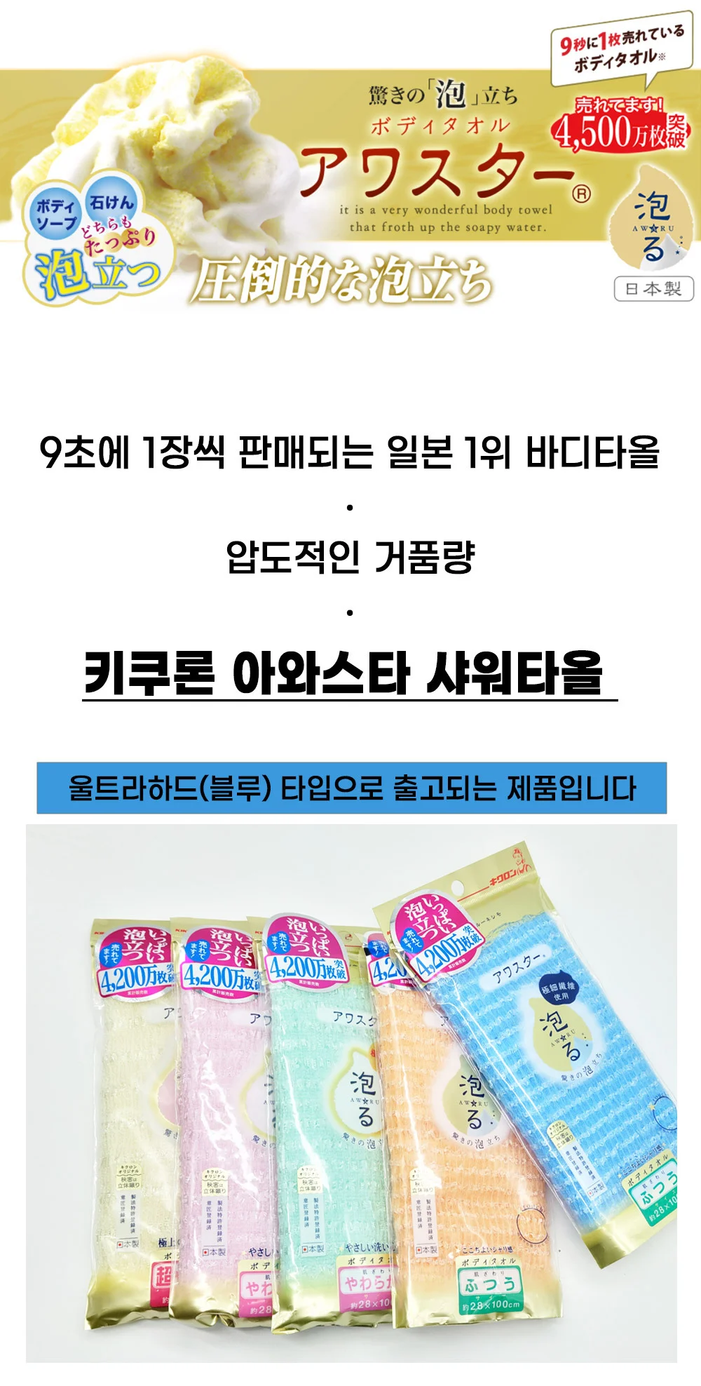 일본산 키쿠론 아와스타 샤워타올 울트라하드 블 상세2
