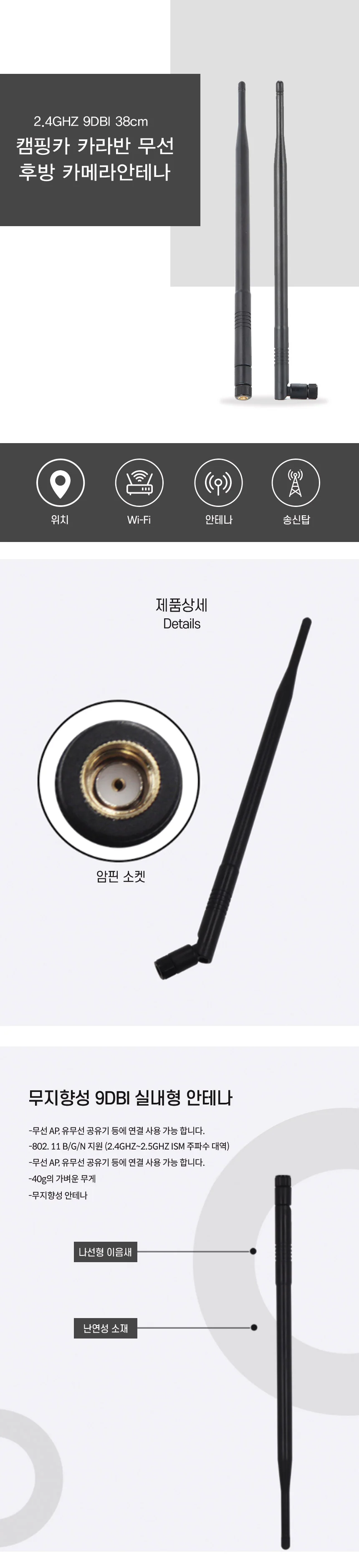 2.4 GHZ 9DBI 38cm 캠핑카 안테나 카라반 무선 카메라 WIFI 무지향성 상세2