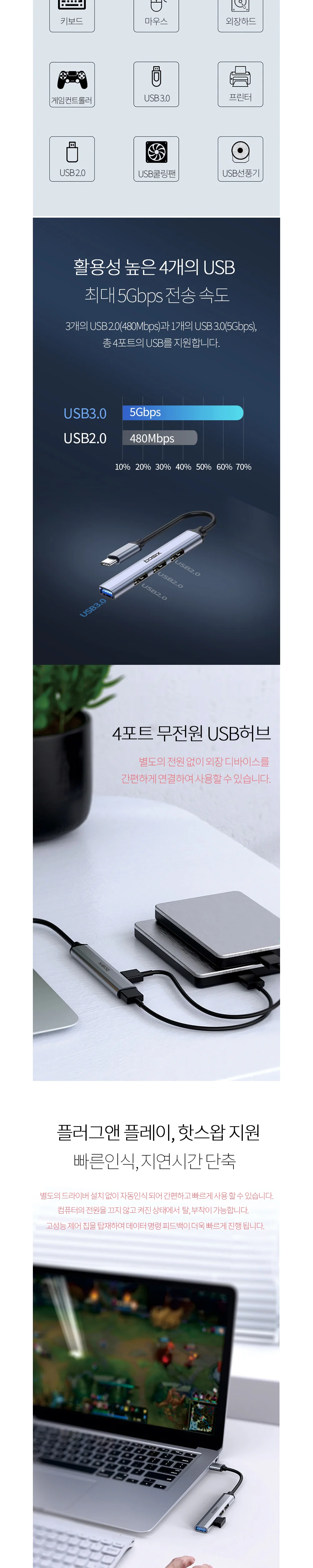 초슬림 4포트 USB허브 독특한USB메모리 A타입 c타입 상세2