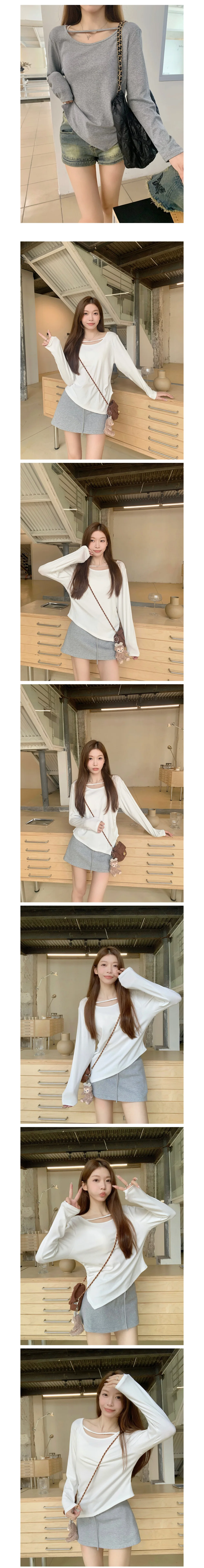 여성 긴팔 티셔츠 셔링 라운드넥 언발런스 무지 상의 상세2