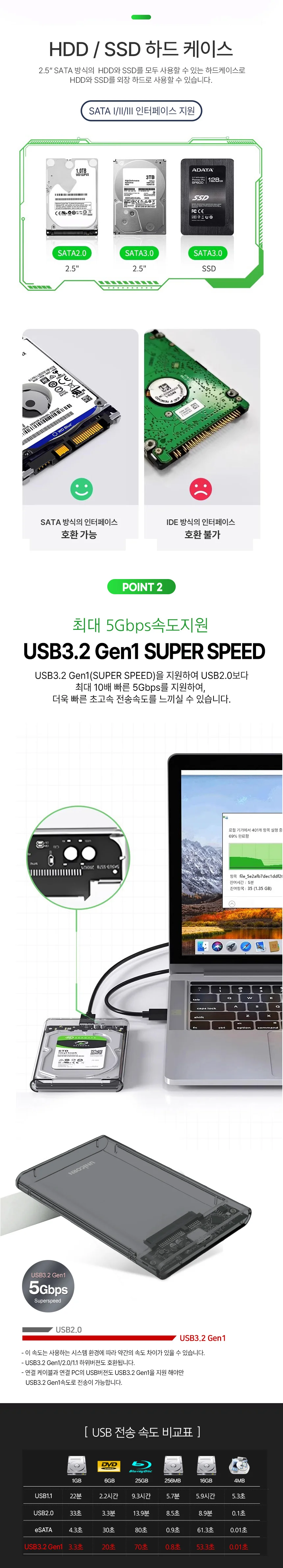 USB 3.2 A타입 GEN1 2.5 인치 투명 or 반투명 하드케이스 HDD 노트북 PC 5GBPS 원터치 슬라이드 상세2