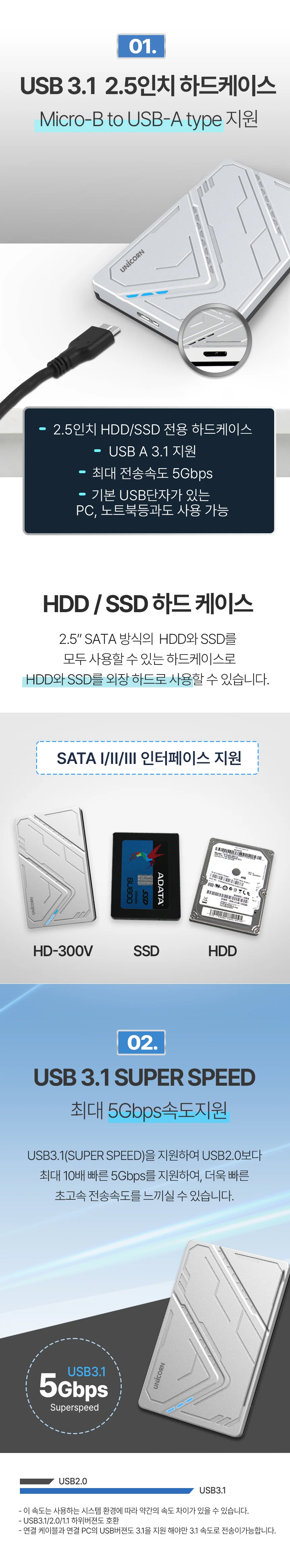 유니콘 USB3.1 케이블포함 2.5인치 외장하드케이스 원터치슬라이드조립 HDD-300V 상세2