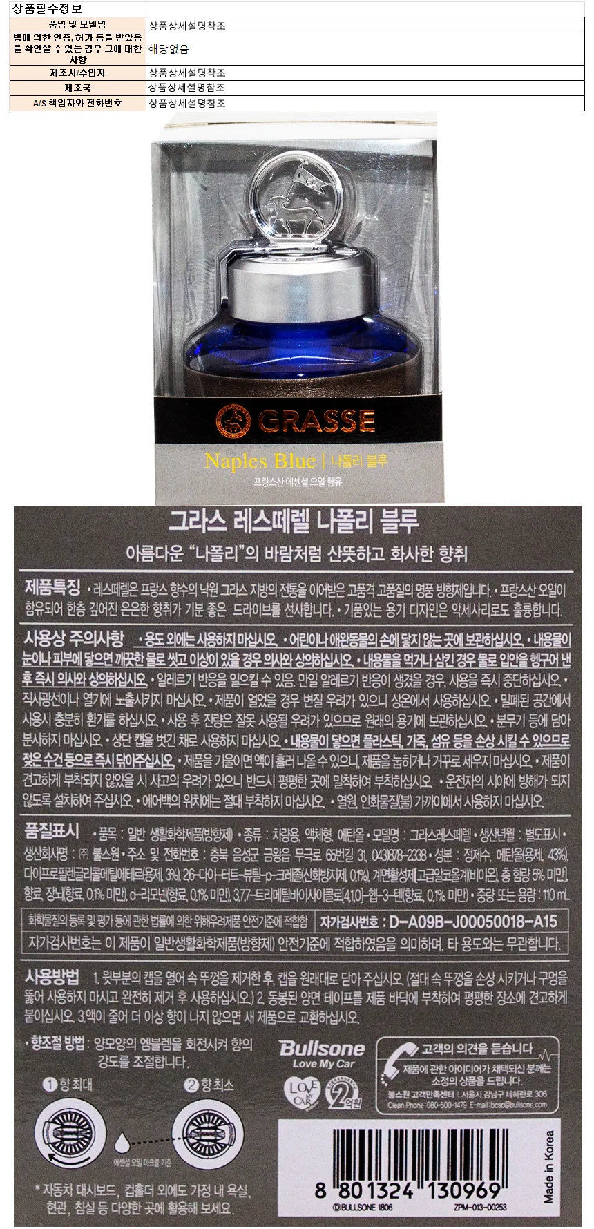 불스원 그라스 레스떼렐 나폴리 블루 방향제 110ml 상세1