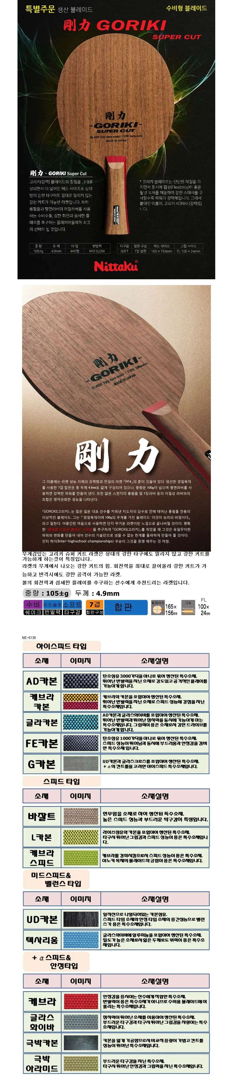 닛타쿠 고리키 탁구라켓 슈퍼 커트 NE 6138 탁구채 상세2