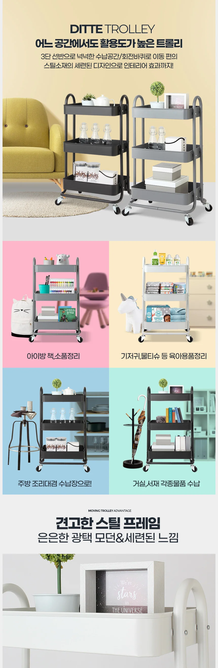디트 3단 트롤리카트 주방웨건 이동식왜곤 다용도병원 상세2