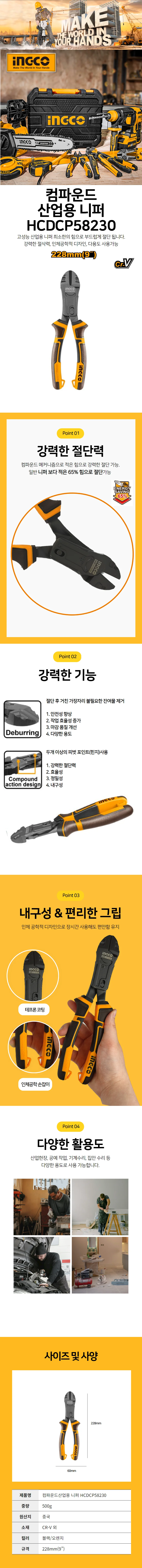 잉코 니퍼 산업용 컴파운니퍼 강력니퍼 228mm 상세1