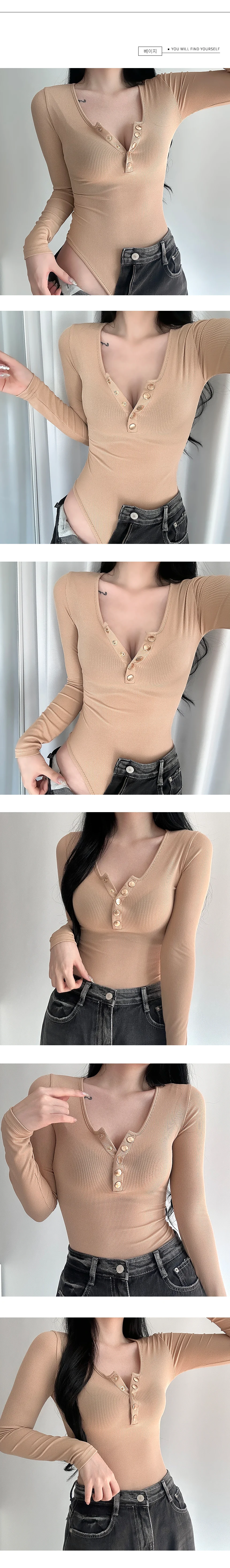 브이넥 바디수트 티셔츠 긴팔 무지 레이어드 버튼 트임 상의 상세2