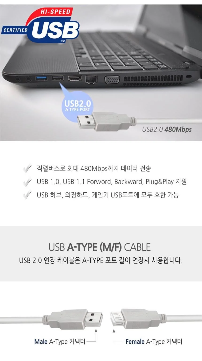 와이어맥스 USB 2.0 AM-AF 연장 케이블 5M N-305 상세3