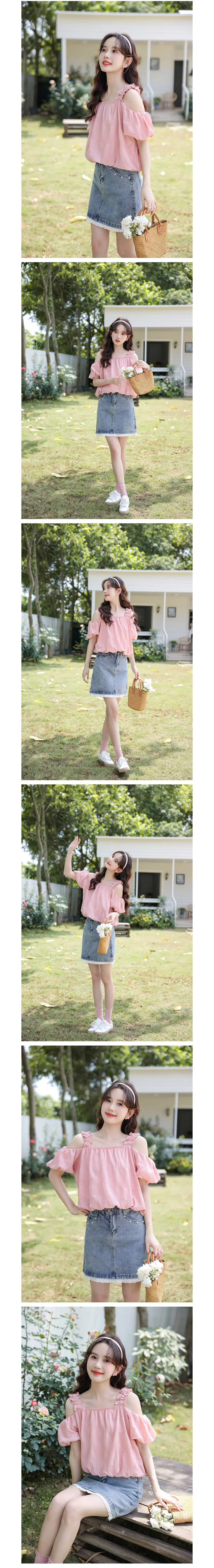 오프숄더 퍼프 여름 반팔 여성 민소매 나시 블라우스 상세3