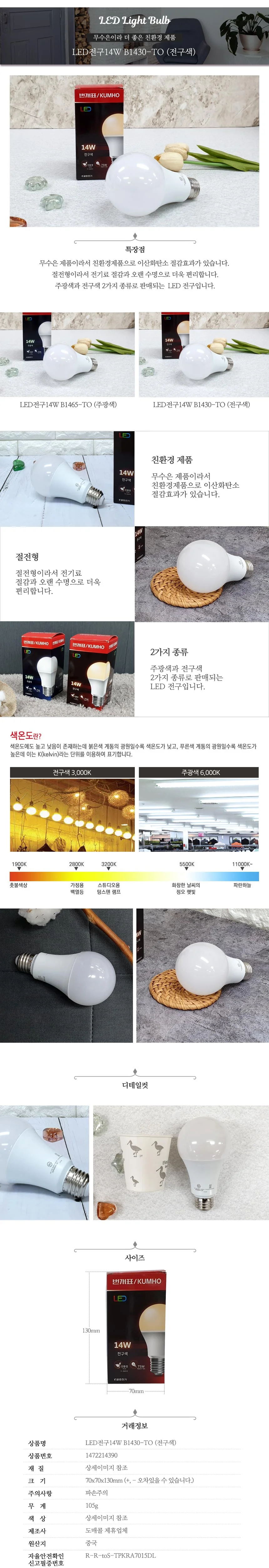 금호Led전구14w b1430 전구색 상세3