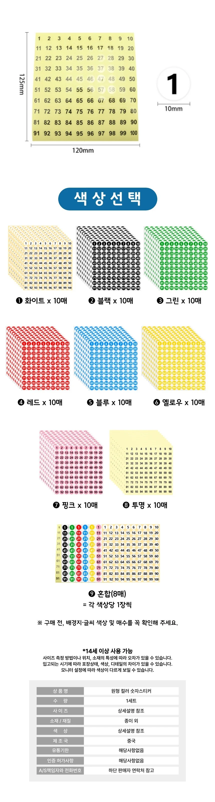 분류용 컬러 번호스티커 1에서 100번 상세4