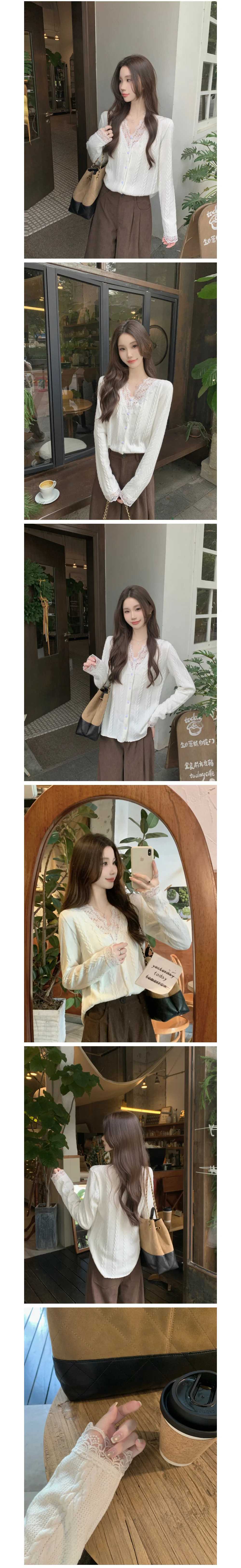 레이스 브이넥 루즈핏 니트 러블리 블라우스 꽈배기니트 가을블라우스 상세2