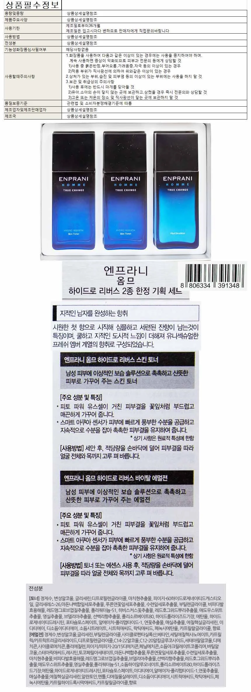엔프라니 옴므 하이드로 리버스 2종 한정 기획 세트 상세1