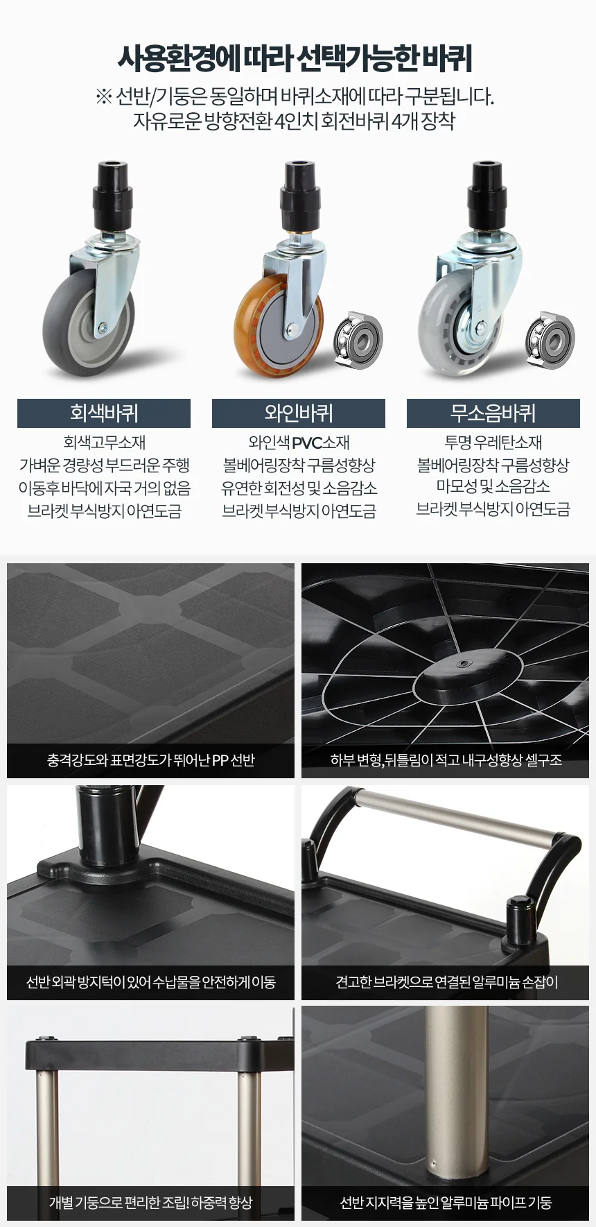 플라스틱 PP 블랙 웨건 이동식서빙카 트롤리 주방카트 상세4