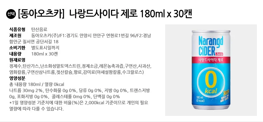 동아오츠카 나랑드사이다 제로 180ml x 30캔 상세2
