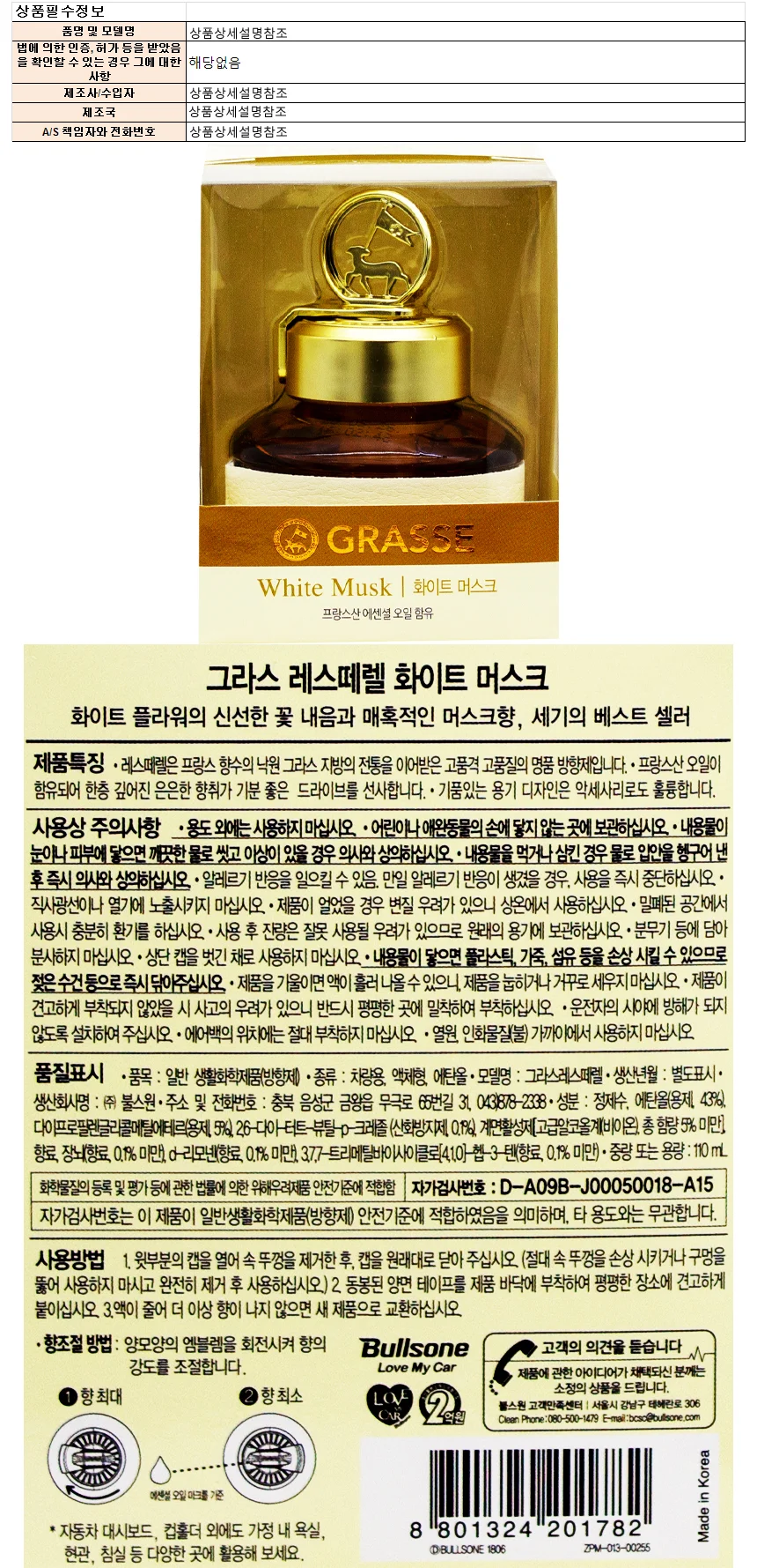 불스원 그라스 레스떼렐 화이트 머스크 방향제 110ml 상세1
