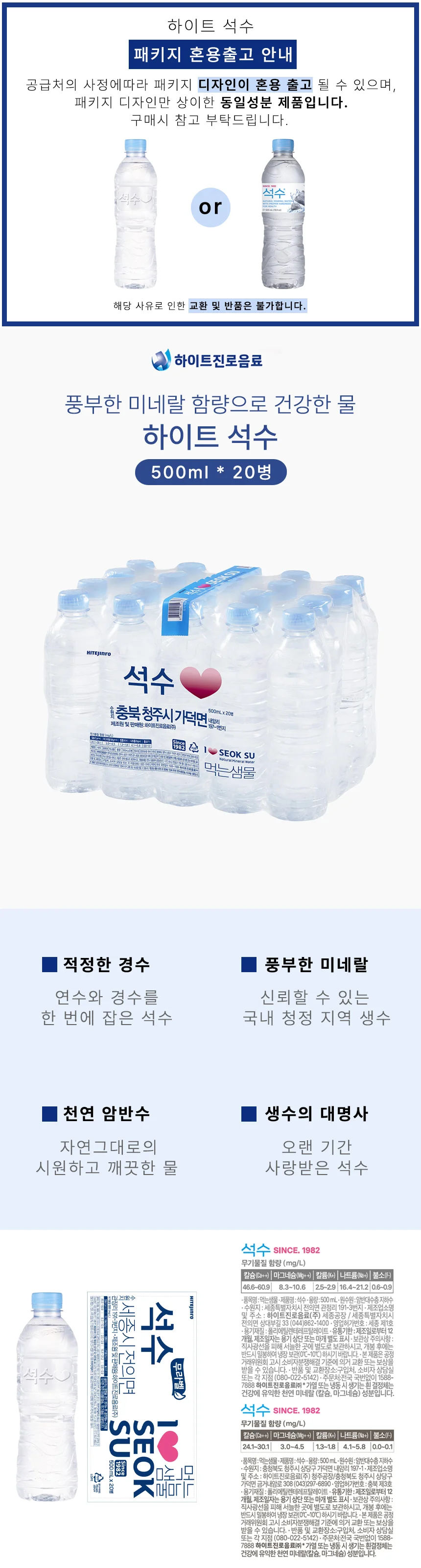 진로하이트 석수 무라벨 생수 500ml 20개 상세2