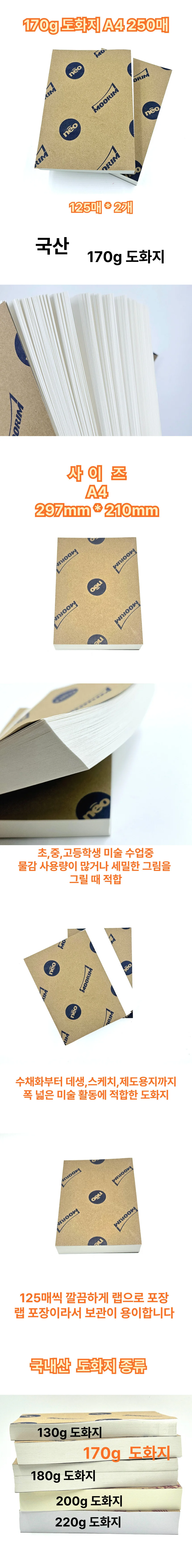 A4 사이즈 도화지 170g 백색 250매 수채화 미술용 상세1