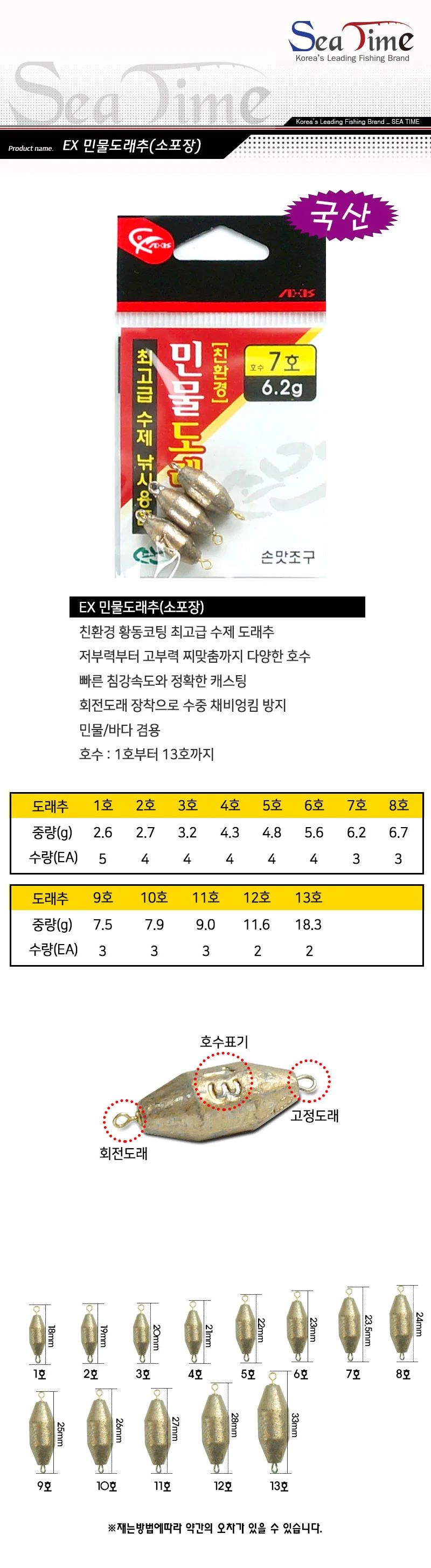 민물도래추 회전 낚시도래추 봉돌 싱커 낚시용품 상세1