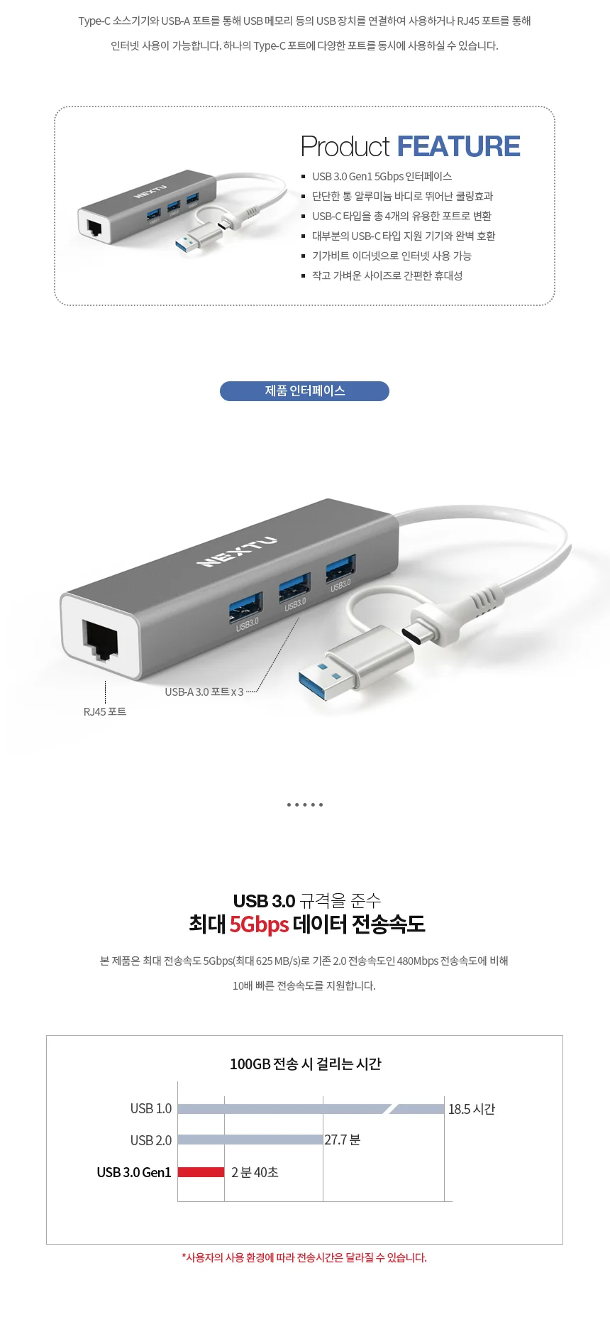 C타입 A타입 유선랜카드 USB3.0 3포트 허브 기가비트 태블릿 인터넷 이더넷 네트워크 노트북 PC 데스크탑 상세2