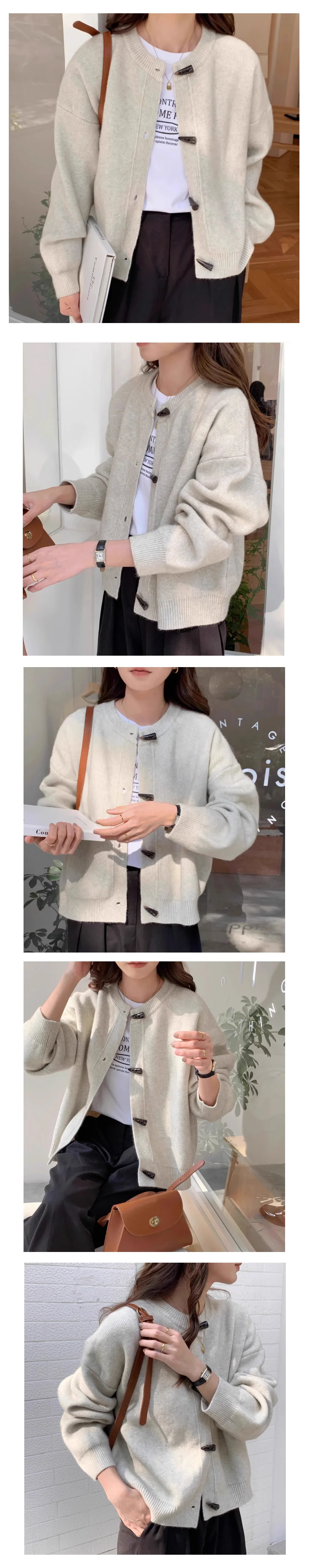 오트밀 니트 떡볶이 단추 가디건 두툼한 울 소재 상의 상세3