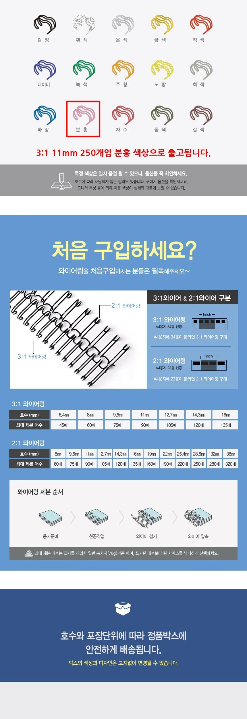 제본 스프링 와이어링 철 3대1 11mm 250개 핑크 코일링 메탈스프링 금속스프링 상세3