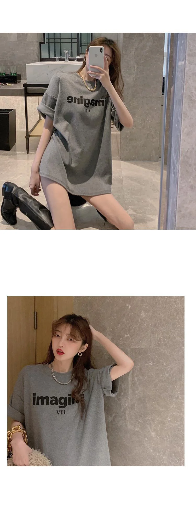 여성 오버핏 박스티 롱 반팔 티셔츠 루즈핏 상의 상세2