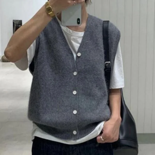 V넥 니트 조끼 버튼형 레이어드 여성 가디건