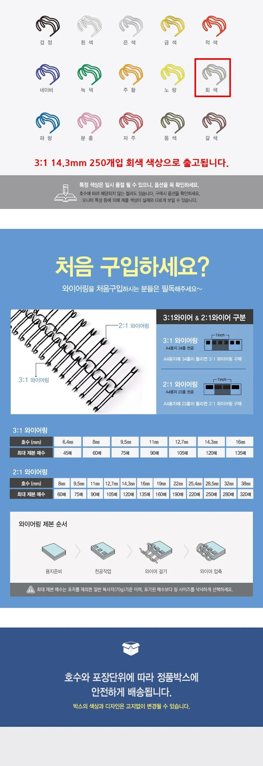 제본 스프링 와이어링 철 3대1 14.3mm 250개 그레이 칼라스프링 제본금속링 제본철링 상세3