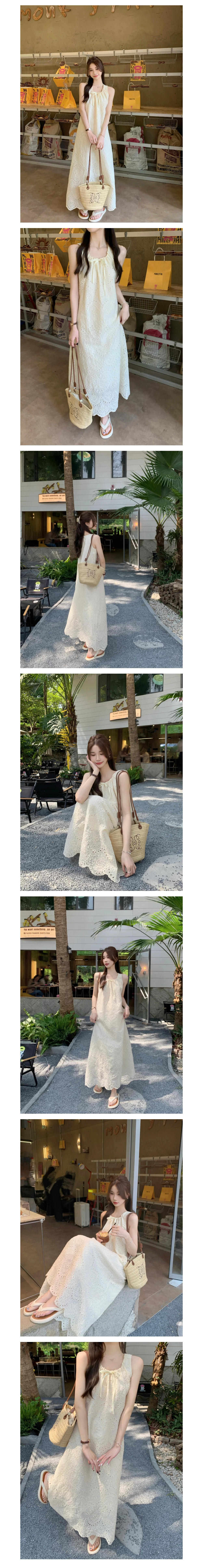 민소매 펀칭 스트링 리본 원피스 비치 해변 휴가룩 비치룩 상세2