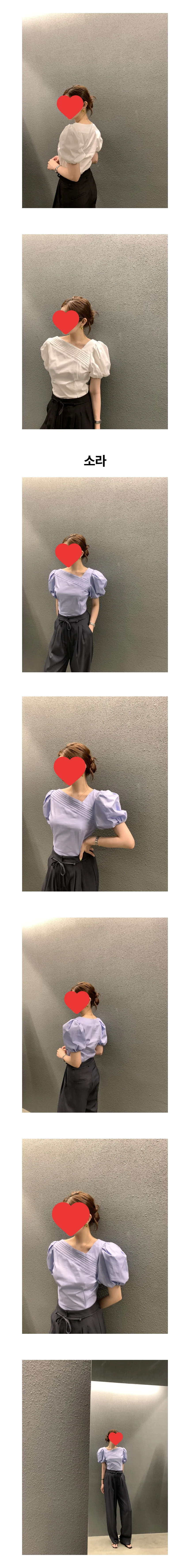 여성 여름 하객룩 언발 옆지퍼 사선넥 퍼프 블라우스 상세2