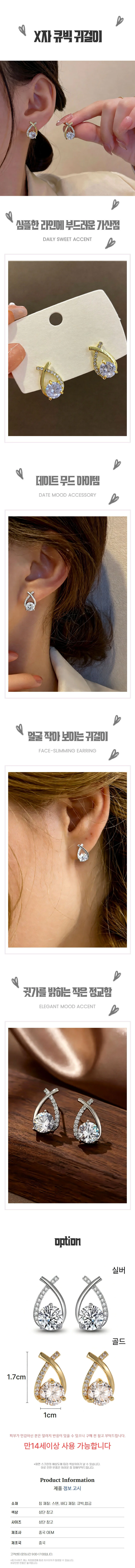 패션 X자 큐빅 귀걸이 포인트 여성 스터드 이어링 상세1