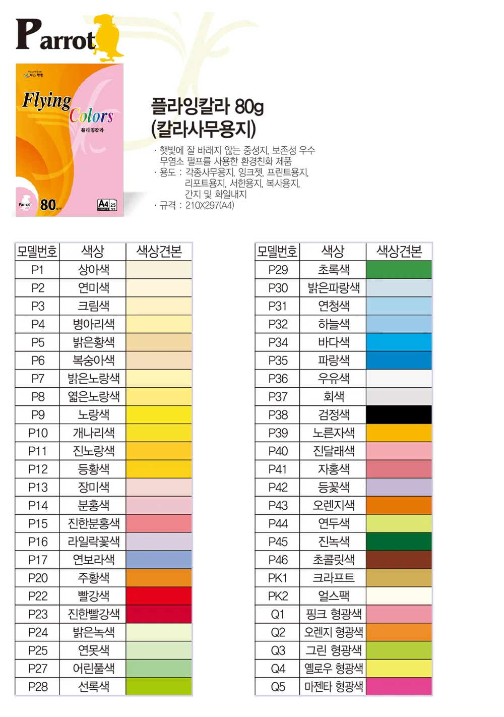 삼원 플라잉칼라 A4 80g Q 25매 형광 색지 종이 상세1