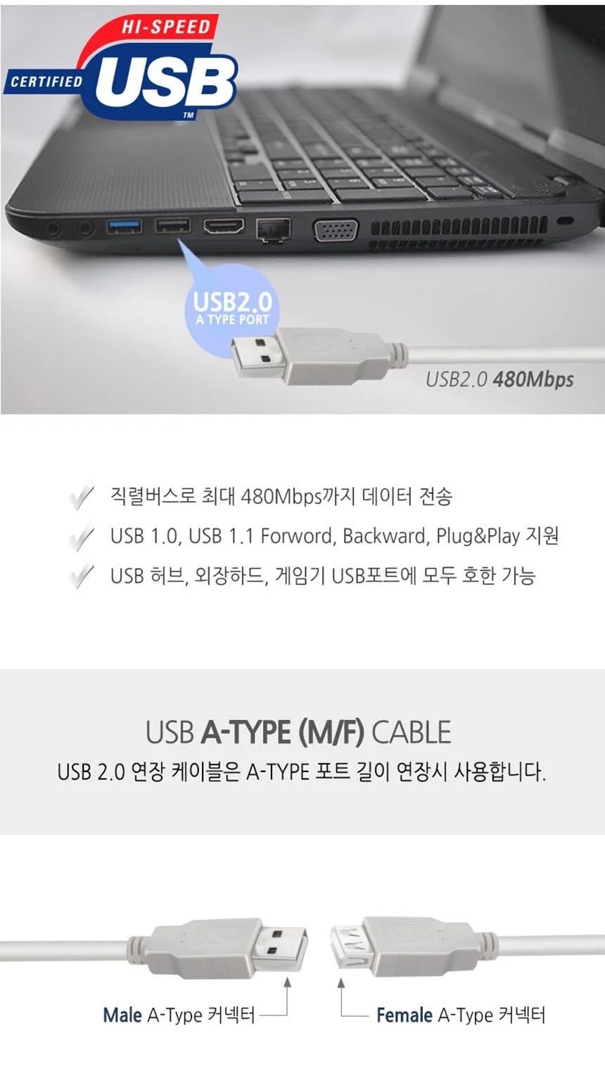 와이어맥스 USB 2.0 AM-AF 연장 케이블 2M N-302 상세3