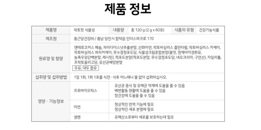 락토핏 생유산균 식물성 프로바이오틱스 아연 2g x 60포 상세1