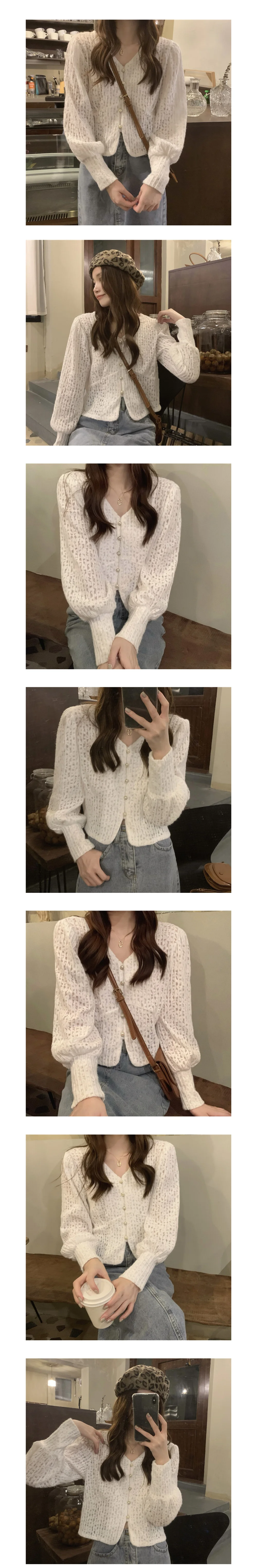 여리핏 레이스 퍼프 브이넥 진주 가디건 블라우스 시보리가디건 퍼프가디건 상세1