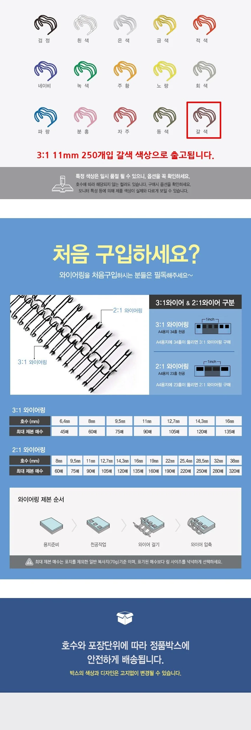 제본 스프링 와이어링 철 3대1 11mm 250개 브라운 바인더링 칼라와이어링 철링 상세3