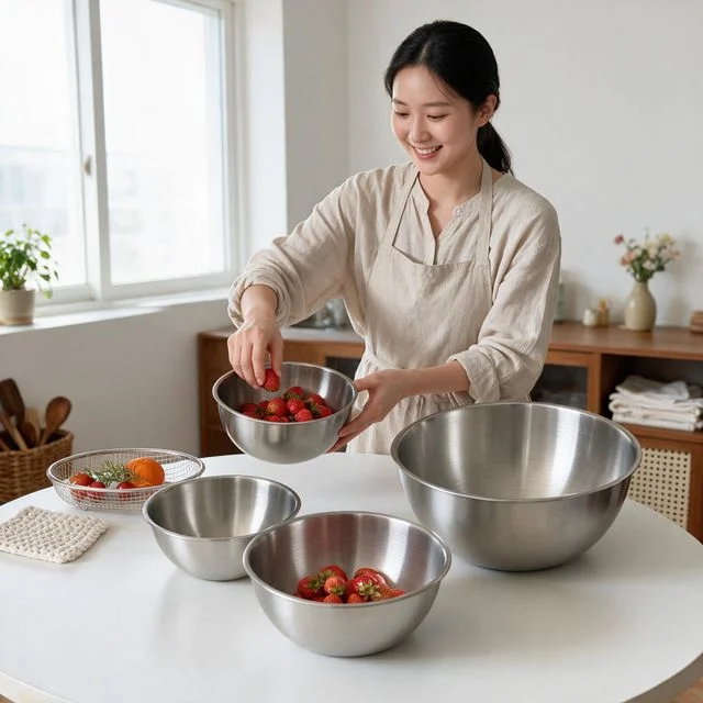 스테인리스 믹싱볼 과일 세척 야채 물빼기 준비 볼 조리 도구 용기 대중소 구성