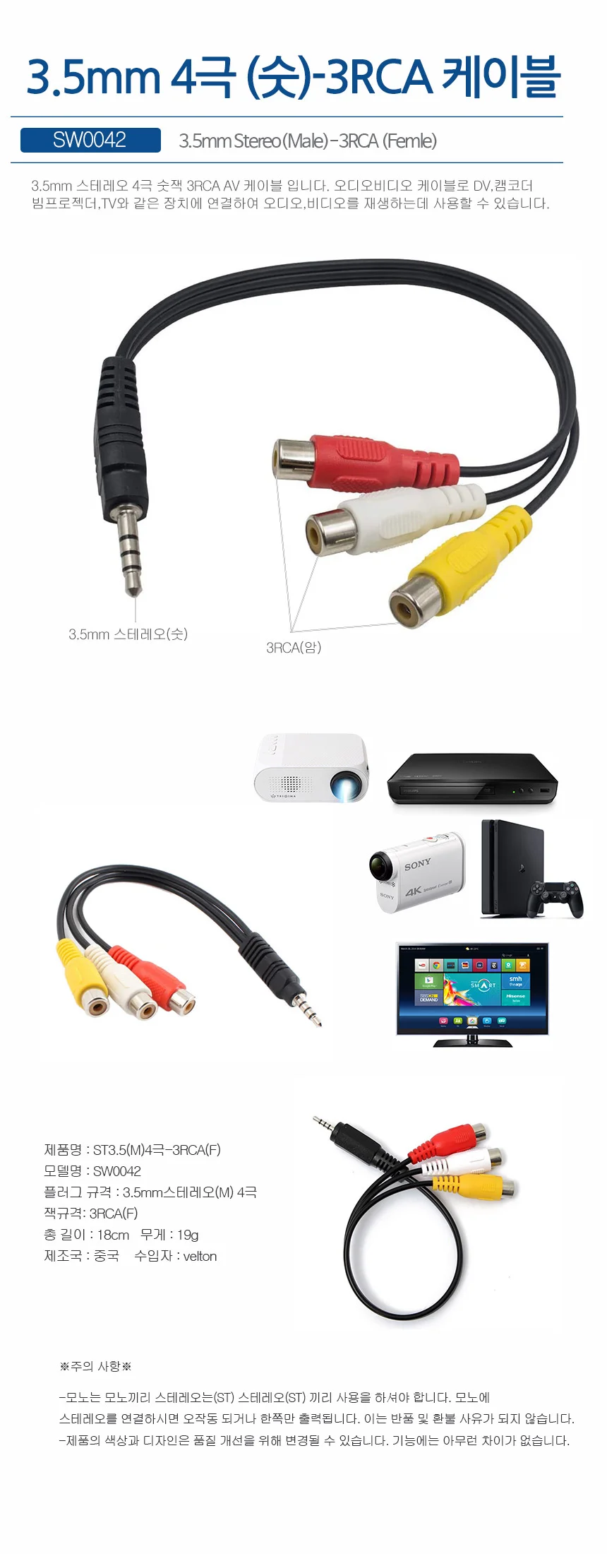 SW0042 3.5mm4극(숫)-3RCA 12cm 빔프로젝터 스테레오케이블 상세1